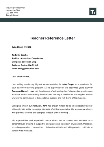 Free Teacher Reference Letter Template to Edit Online