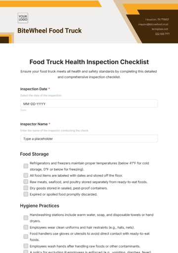 Free Food Truck Health Inspection Checklist Template to Edit Online