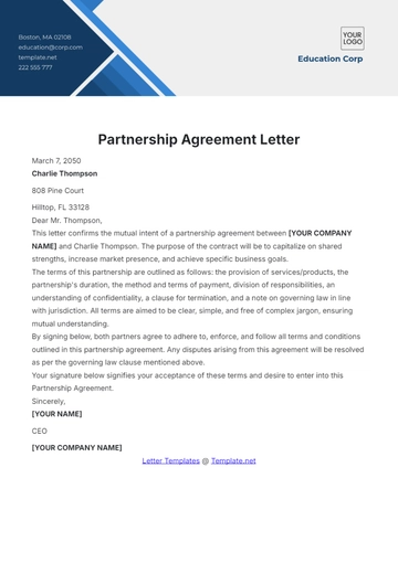 Free Partnership Agreement Letter Template to Edit Online