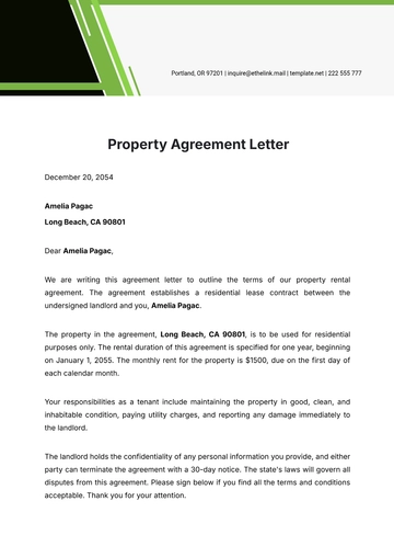 Free Property Agreement Letter Template to Edit Online