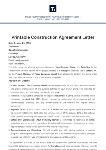 Free Printable Construction Agreement Letter Template to Edit Online