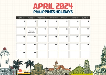 Free April 2024 Calendar with Holidays Philippines Template to Edit Online