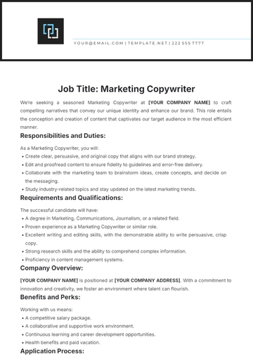 Free Marketing Copywriter Job Description Template to Edit Online