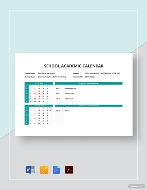 School Academic Calendar Template