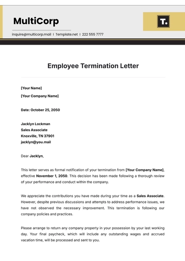 Free Employee Termination Letter Template to Edit Online