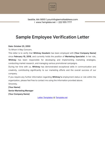 Free Sample Employee Verification Letter Template to Edit Online