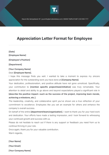 Free Appreciation Letter Format for Employee Template to Edit Online
