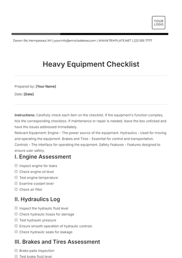 Free Heavy Equipment Checklist Template to Edit Online
