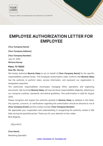 Free Authorization Letter for Employee Template to Edit Online