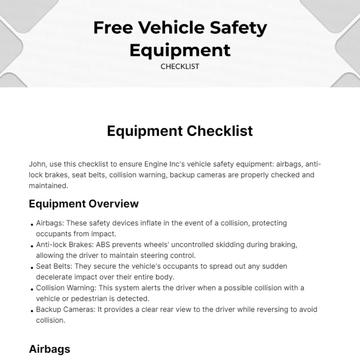 Free Vehicle Safety Equipment Checklist Template to Edit Online