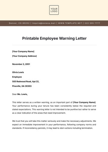 Free Printable Employee Warning Letter Template to Edit Online