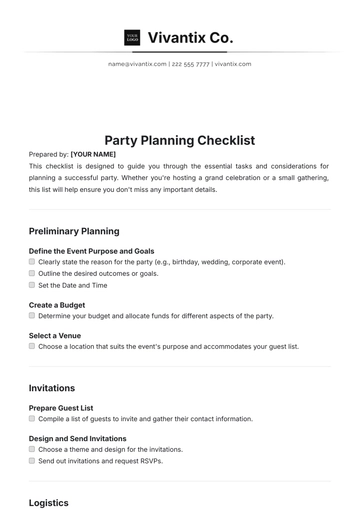 Free Party Planning Checklist Template to Edit Online
