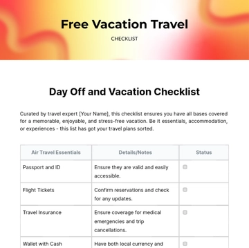Free Vacation Travel Checklist Template to Edit Online