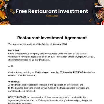 Free Restaurant Investment Agreement Template to Edit Online