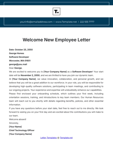 Free Welcome New Employee Letter Template to Edit Online