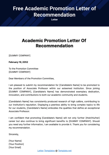 Free Academic Promotion Letter of Recommendation Template to Edit Online