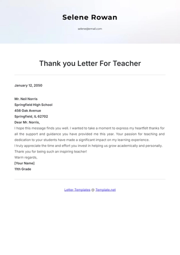 Free Thank you Letter for Teacher Template to Edit Online