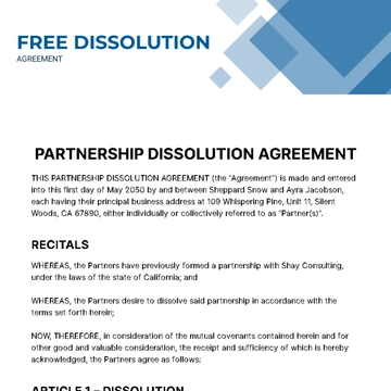 Free Dissolution Agreement Template to Edit Online