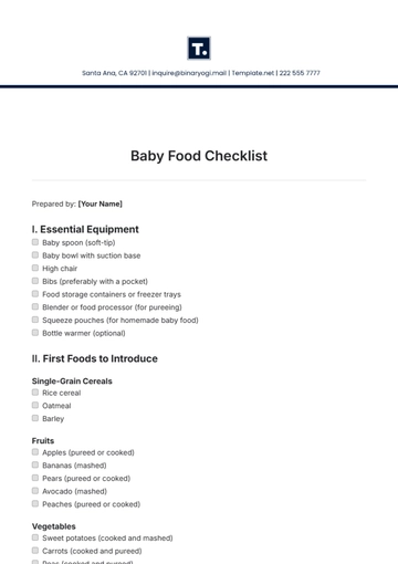 Free Baby Food Checklist Template to Edit Online
