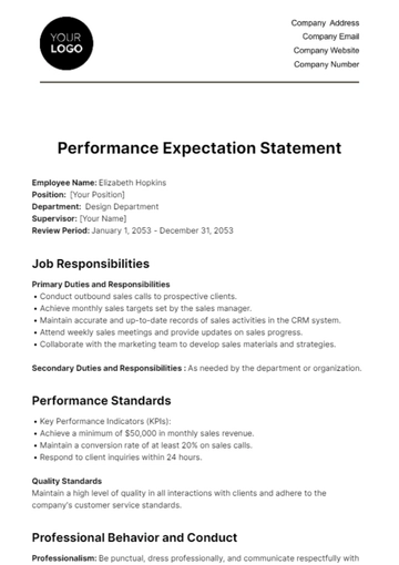 Free Performance Expectation Statement HR Template to Edit Online