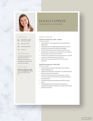 Food Service Supervisor Resume