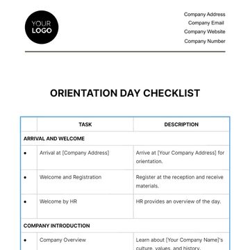 Free Orientation Day Checklist HR Template to Edit Online