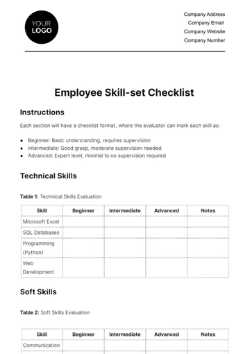 Free Employee Skill-set Checklist HR Template to Edit Online