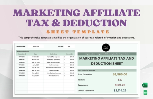 Marketing Affiliate Tax & Deduction Sheet Template