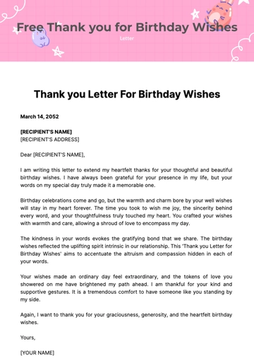 Free Thank you Letter for Birthday Wishes Template to Edit Online