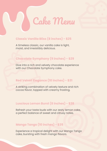 Free Cake Menu Template to Edit Online