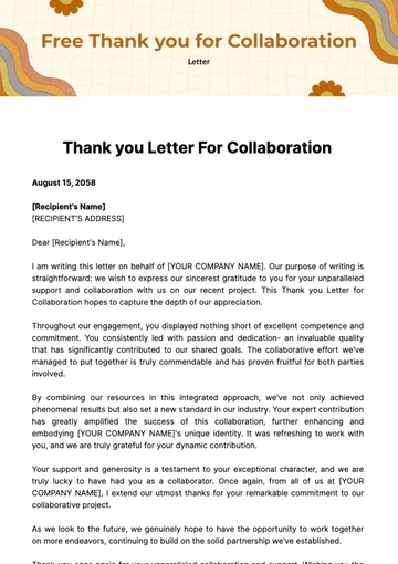 Free Thank you Letter for Collaboration Template to Edit Online