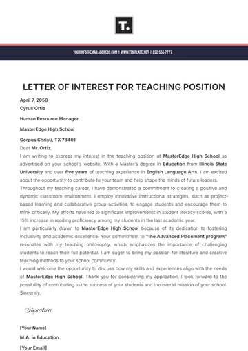 Free Letter of Interest for Teaching Position Template to Edit Online
