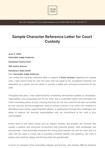 Free Sample Character Reference Letter for Court Custody Template to Edit Online