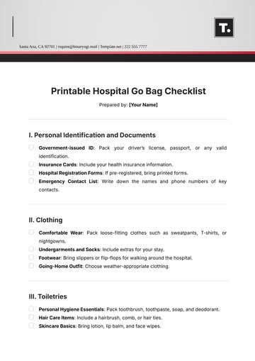 Free Printable Hospital Go Bag Checklist Template to Edit Online