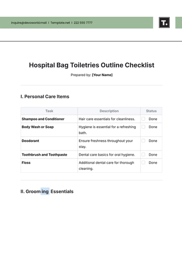 Free Hospital Bag Toiletries Outline Checklist Template to Edit Online