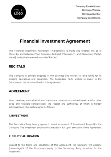 Free Financial Investment Agreement Template to Edit Online