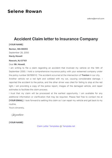 Free Accident Claim letter to Insurance Company Template to Edit Online