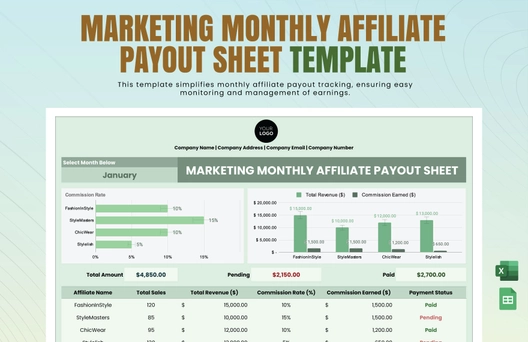 Marketing Monthly Affiliate Payout Sheet Template