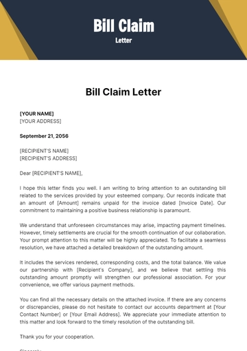 Free Bill Claim Letter Template to Edit Online