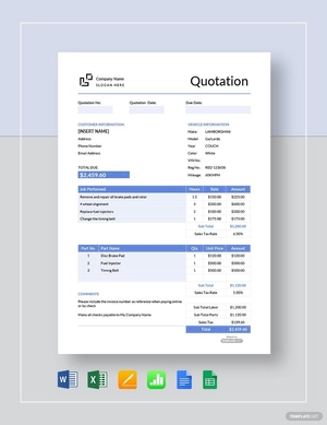 Vehicle Repair Quotation Template
