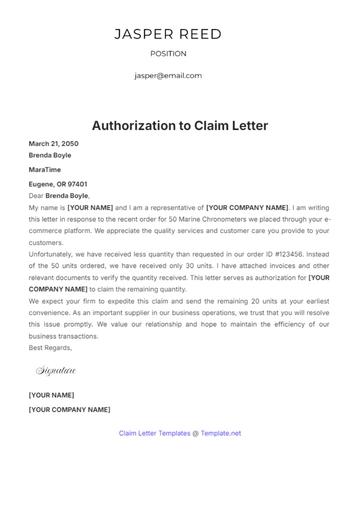 Free Authorization to Claim Letter Template to Edit Online