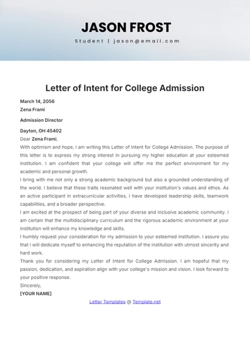 Free Letter of Intent for College Admission Template to Edit Online