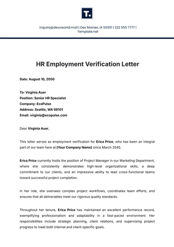 Free HR Employment Verification Letter Template to Edit Online