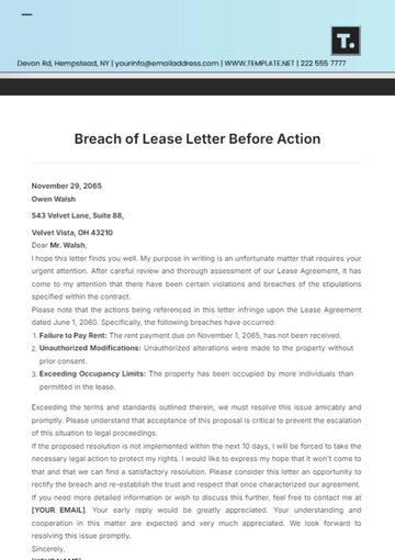 Free Breach of Lease Letter Before Action Template to Edit Online