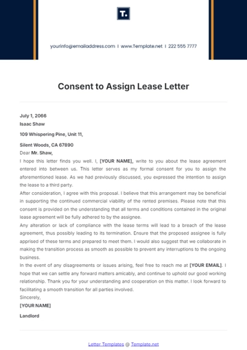 Free Consent to Assign Lease Letter Template to Edit Online