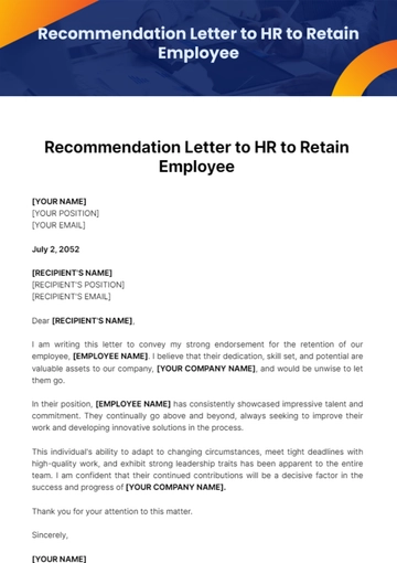 Free Recommendation Letter to HR to Retain Employee Template to Edit Online