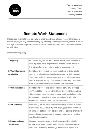 Free Remote Work Statement HR Template to Edit Online