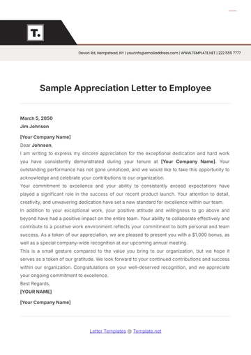 Free Sample Appreciation Letter to Employee Template to Edit Online