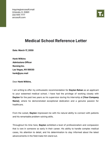 Free Medical School Reference Letter Template to Edit Online