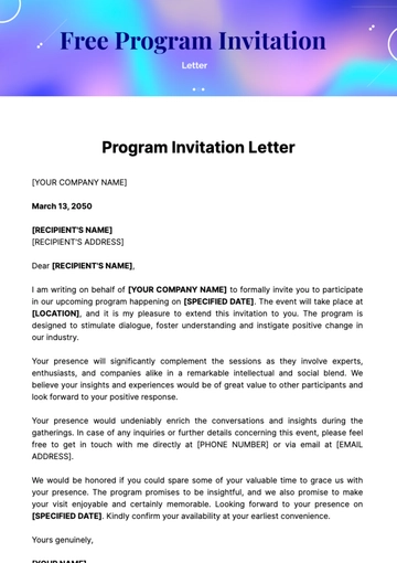 Free Program Invitation Letter Template to Edit Online